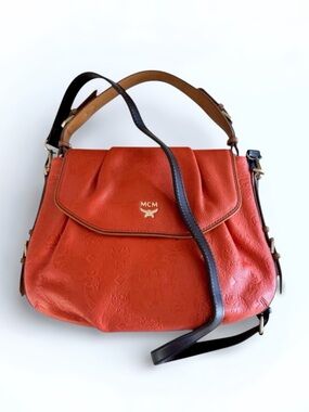 MCM Visetos Embossed Orange Leather Logo Handbag, Convertible Crossbody Strap